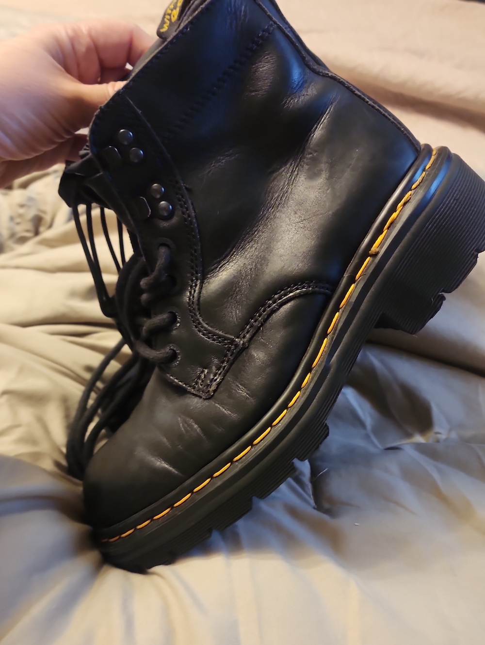2000s Dr. Martens Black Leather Lace-Up Boots with Yellow Stitching